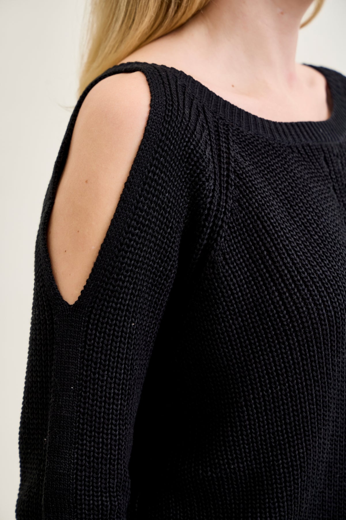 Chevron Stitch Cold Shoulder Black Sweater