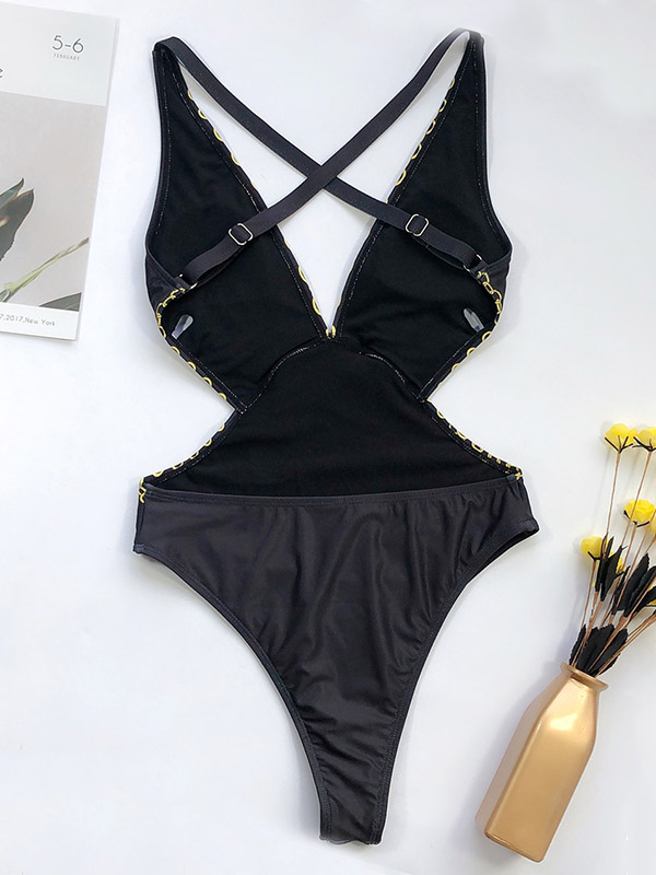 V-Neck Hollow Backless Printing One-Piece Swimwear