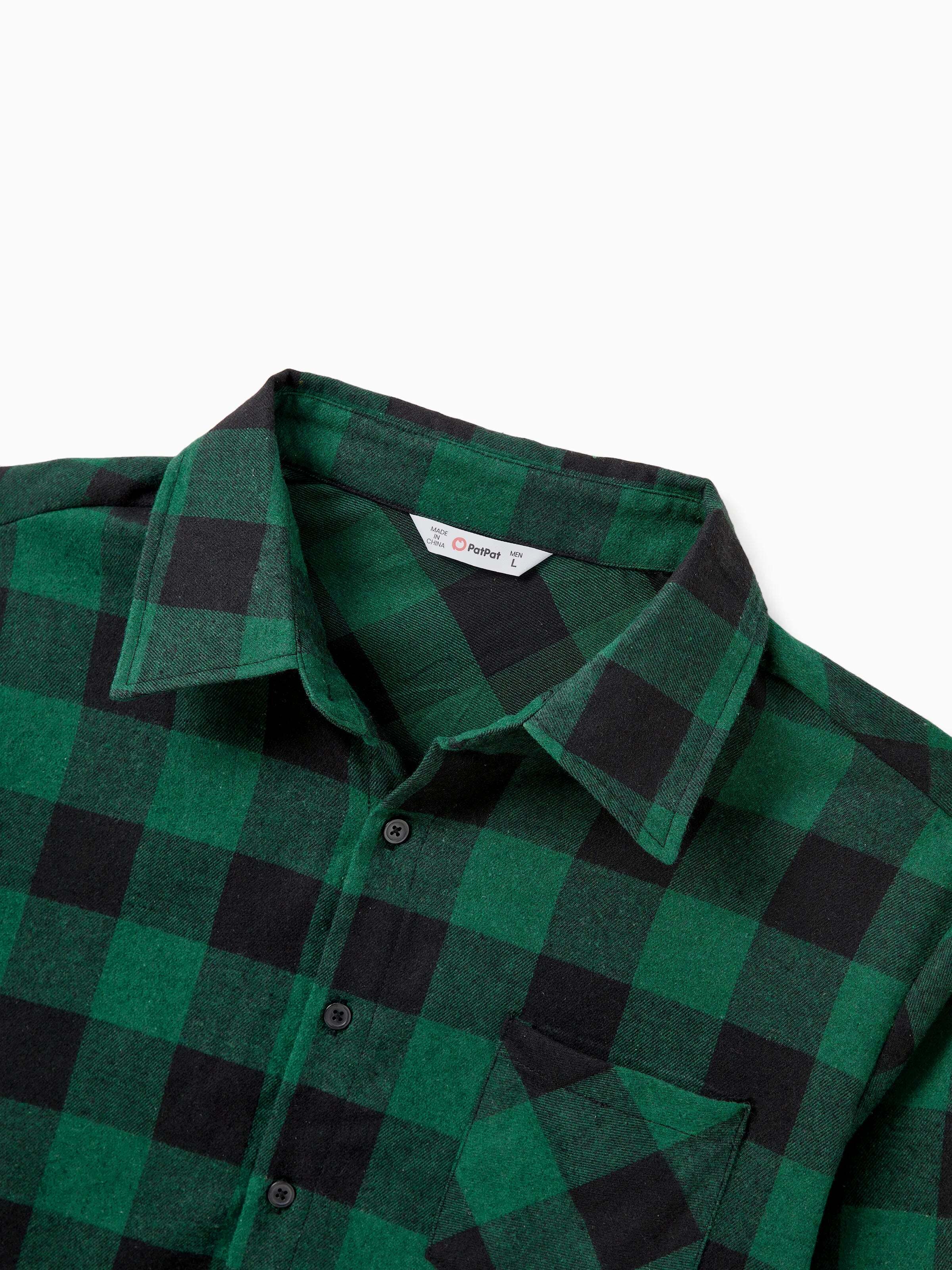 Family Matching Sets Green Plaid Long Sleeves Shirt or Tulle Mesh Dress DarkGreen
