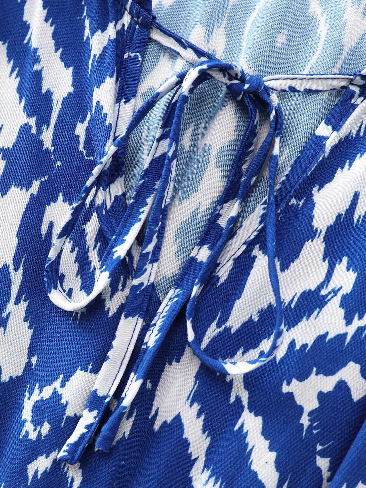 Abstract Print Drawstring Neckline Shirred Mini Dress