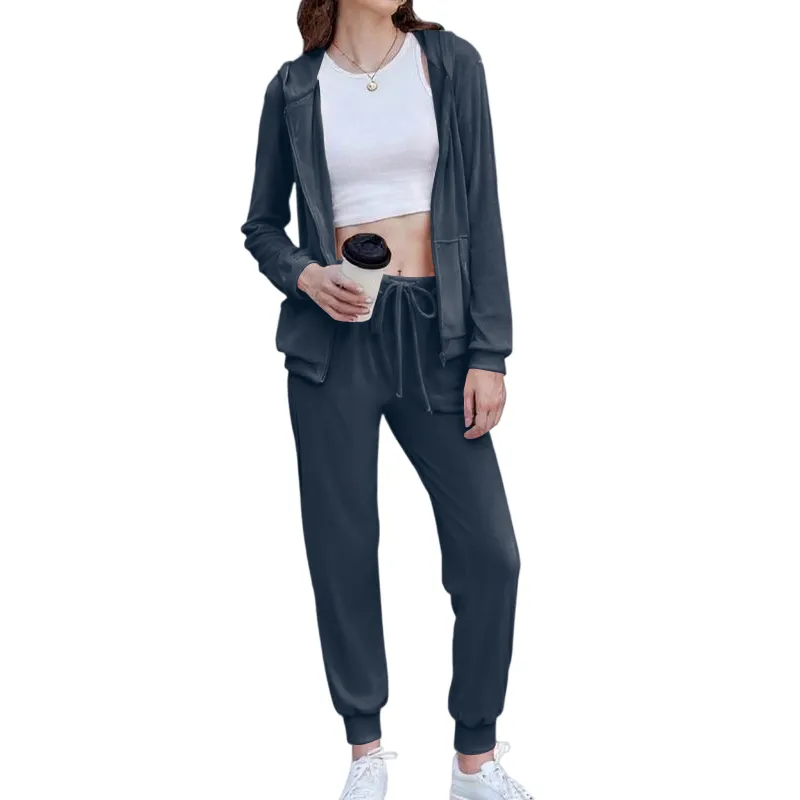 Women's Casual Velour Tracksuit Set Full Zipper Hoodie