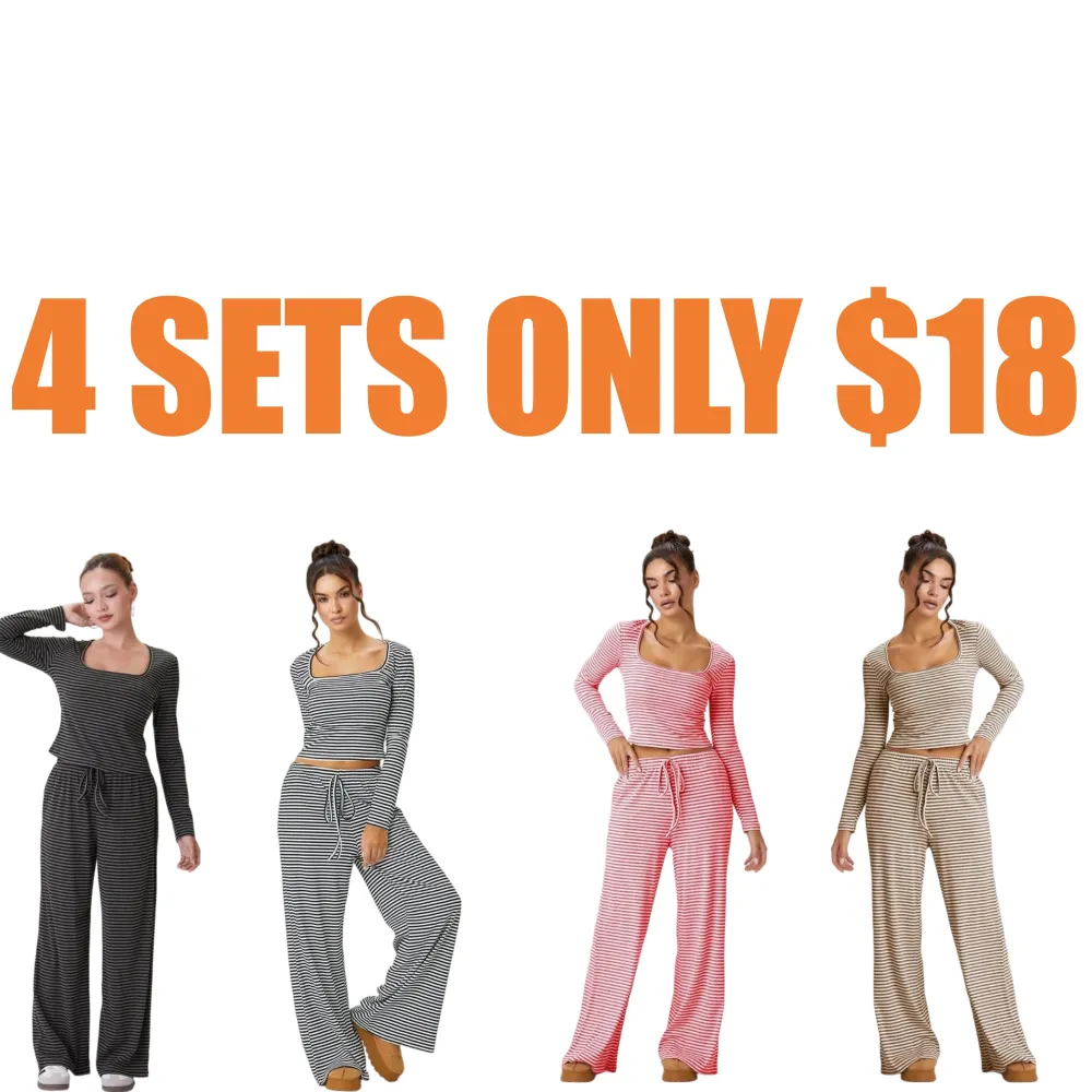 Women's Stripe Square Neck Long Sleeve Crop Top & Wide Leg Trousers Set