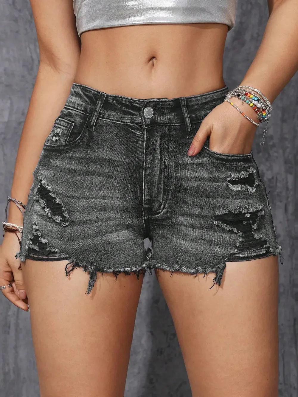 Casual Washed Slim Fit Distressed Denim Shorts