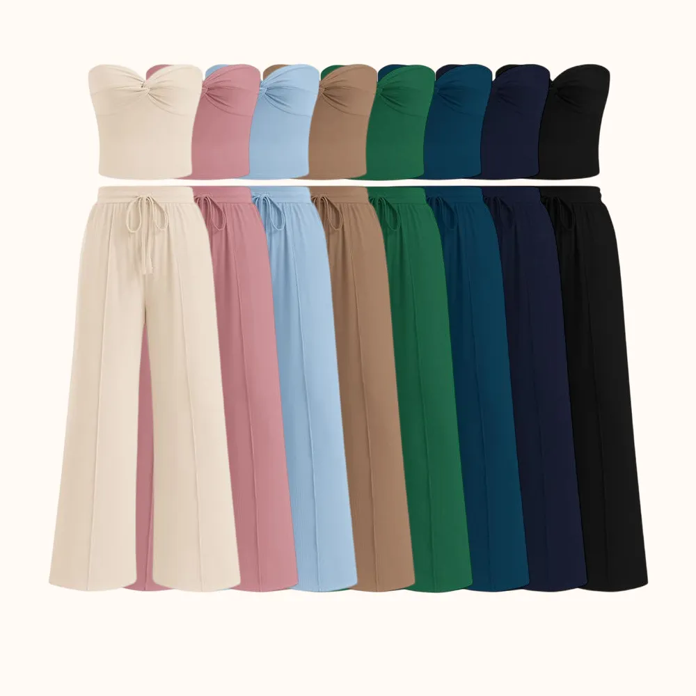 Two-Piece Sets For Women Summer Ribbed Strapless Twist Knot Tube Top Pants Set