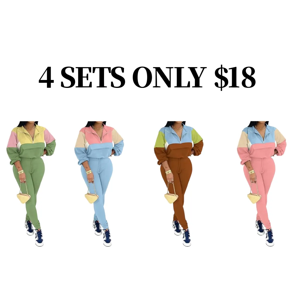 Women's Colorblock 2-Piece Knit Zip Jacket Elastic Waist Tracksuit