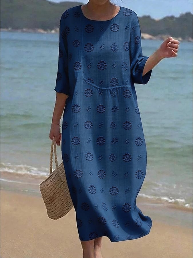 Women's Casual  Round Neck Mid Sleeve Print Cotton and Linen Dress- Fast Shipping