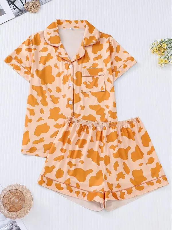 Women's Cow Print Contrast Binding Pyjama Set