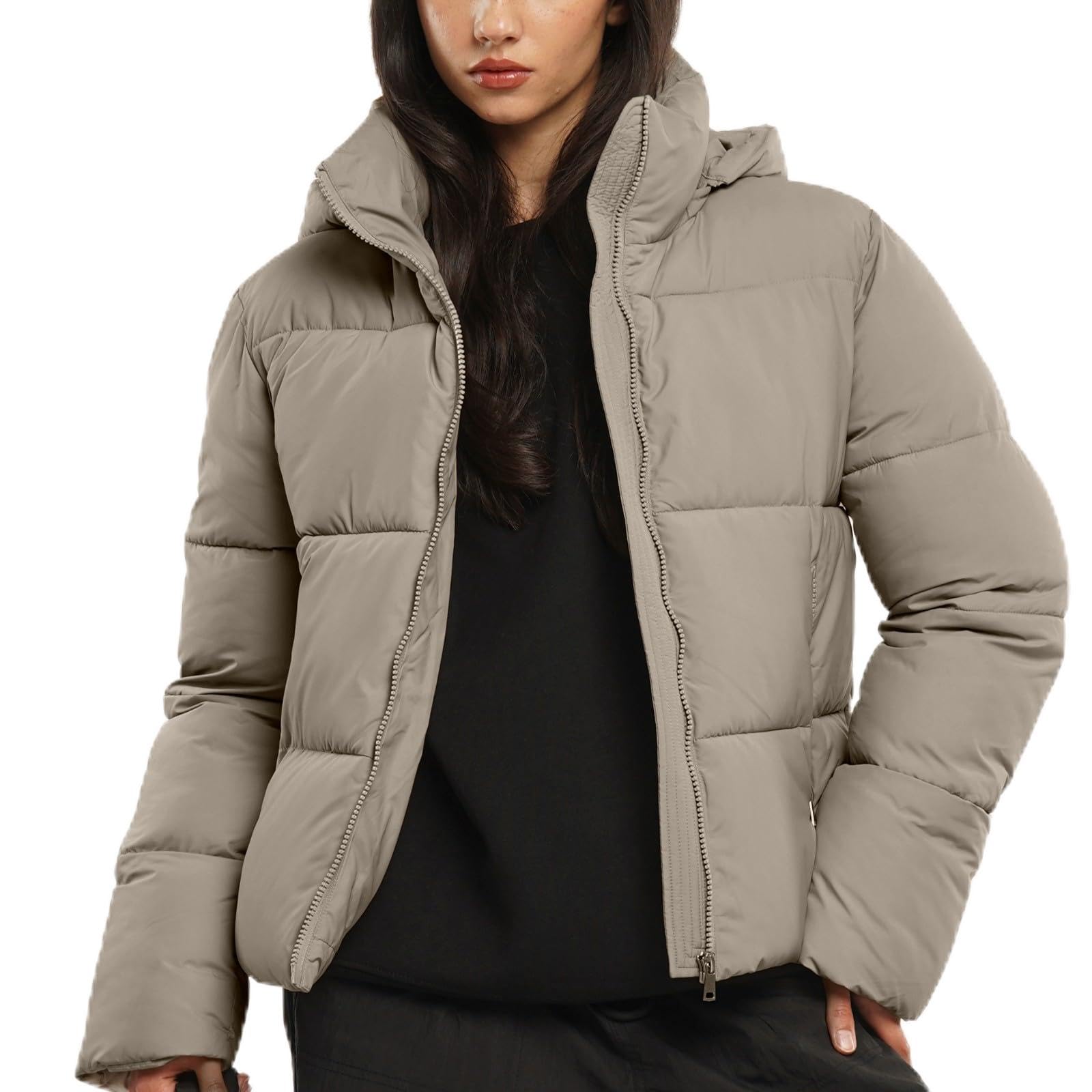 WarmCore Premium Short Puffer Jackets with Removable Hood & Optional Faux Fur Linging, Lady Casual Outerwear Longsleeves Zip Pockets Warm Quilted Coat