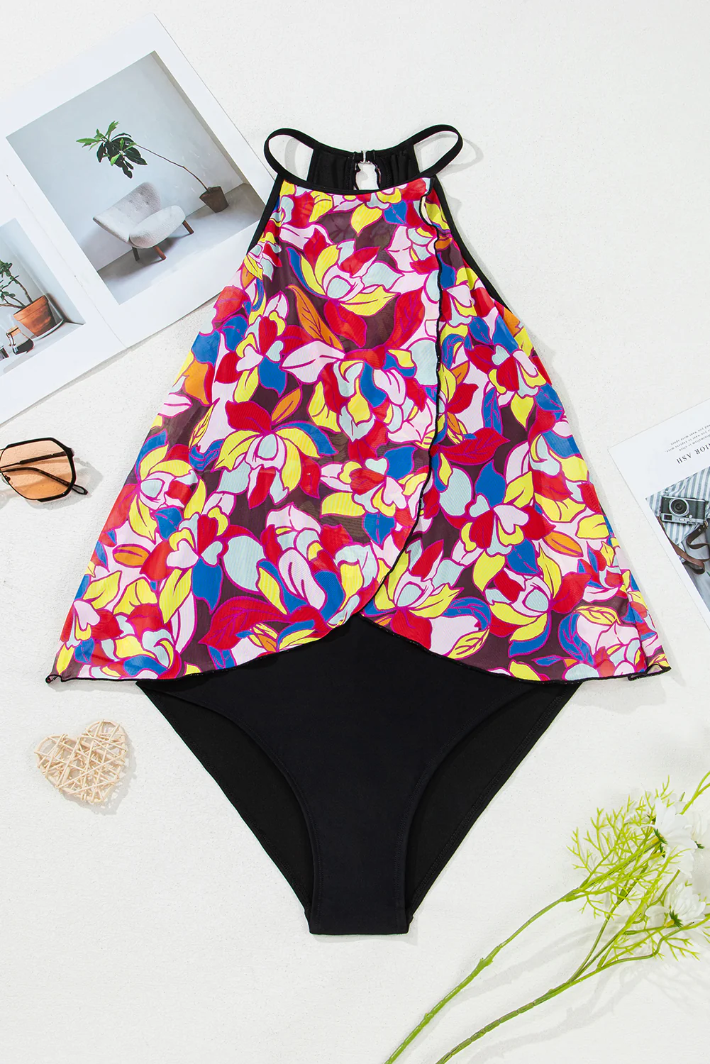 Purple Floral Print O Neck Open Back One Piece Swimsuit