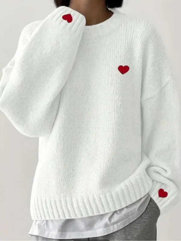 Women's Winter New Fashion Sweater, Embroidered Heart Knitwear