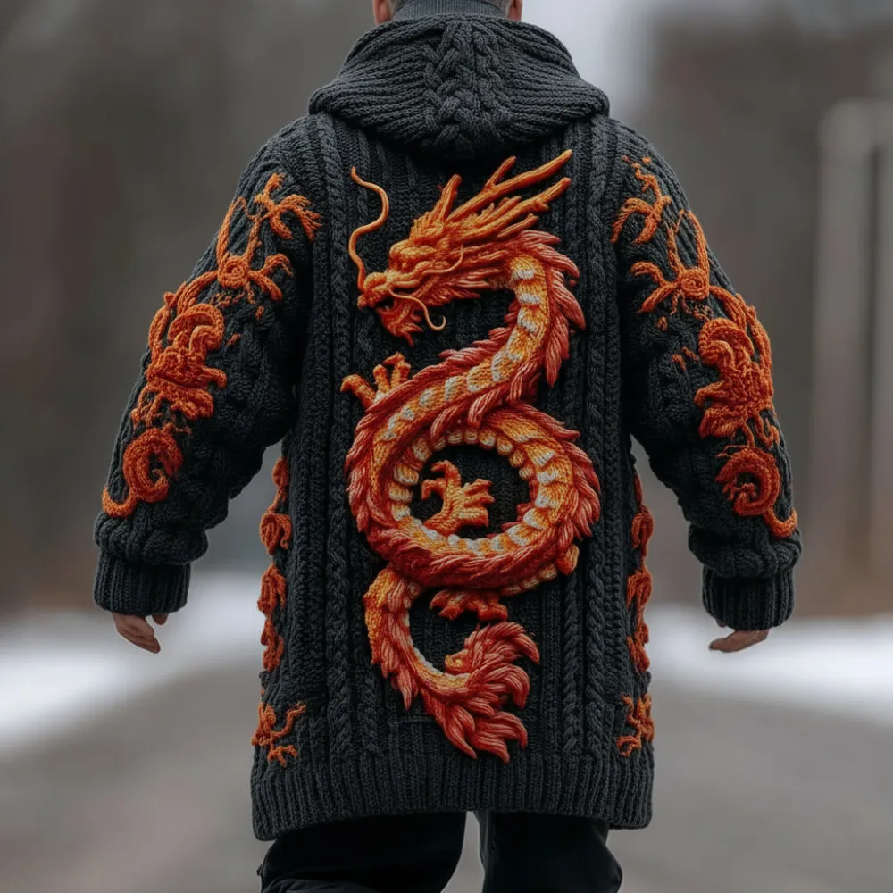 Men's Viking Dragon Art Thick Long Knit Cardigan Sweater