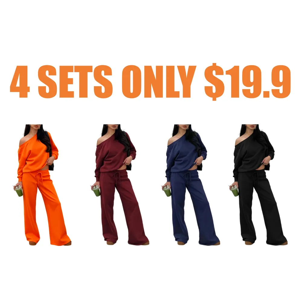 Women Off the Shoulder Long Sleeve Jumper & Pants 2 Piece Set