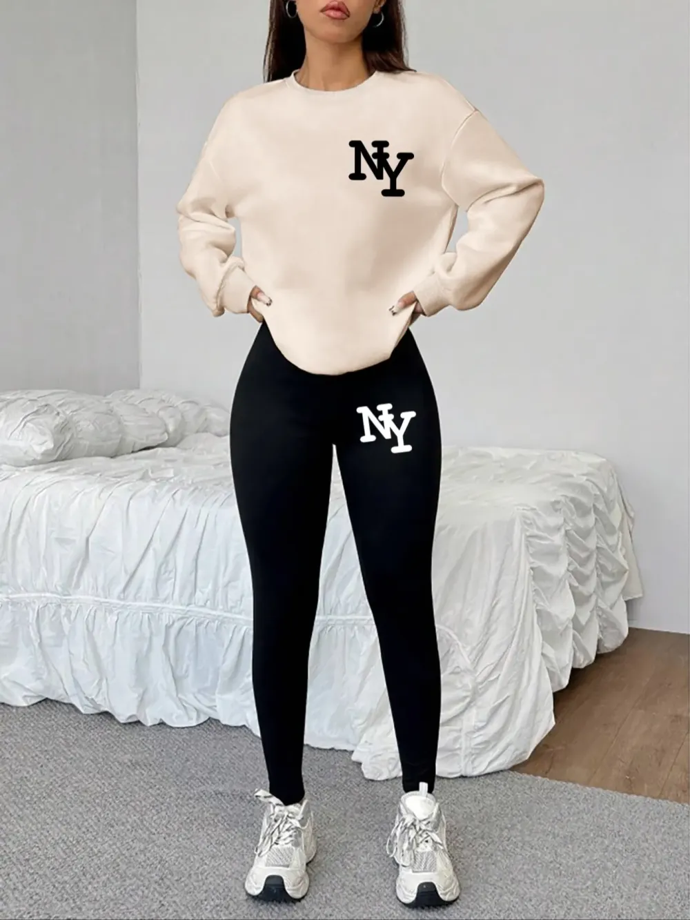 Women's 2-Piece Sweatshirt Set, Ny Letter Print, Round Neck Long Sleeve, Long Pants, Casual Fall Winter, Fitted Style