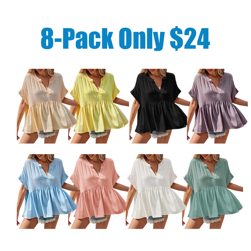Womens Summer Babydoll Tops V Neck Short Sleeve Pleated Flowy Shirts Casual Loose Fit Peplum Blouse