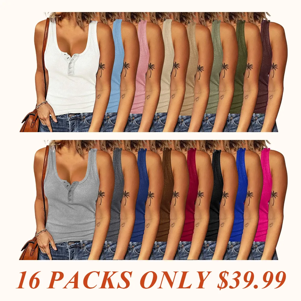 Women's Summer Vest Ribbed Tank Tops Crew Neck Button Down Sleeveless Tunic Blouse