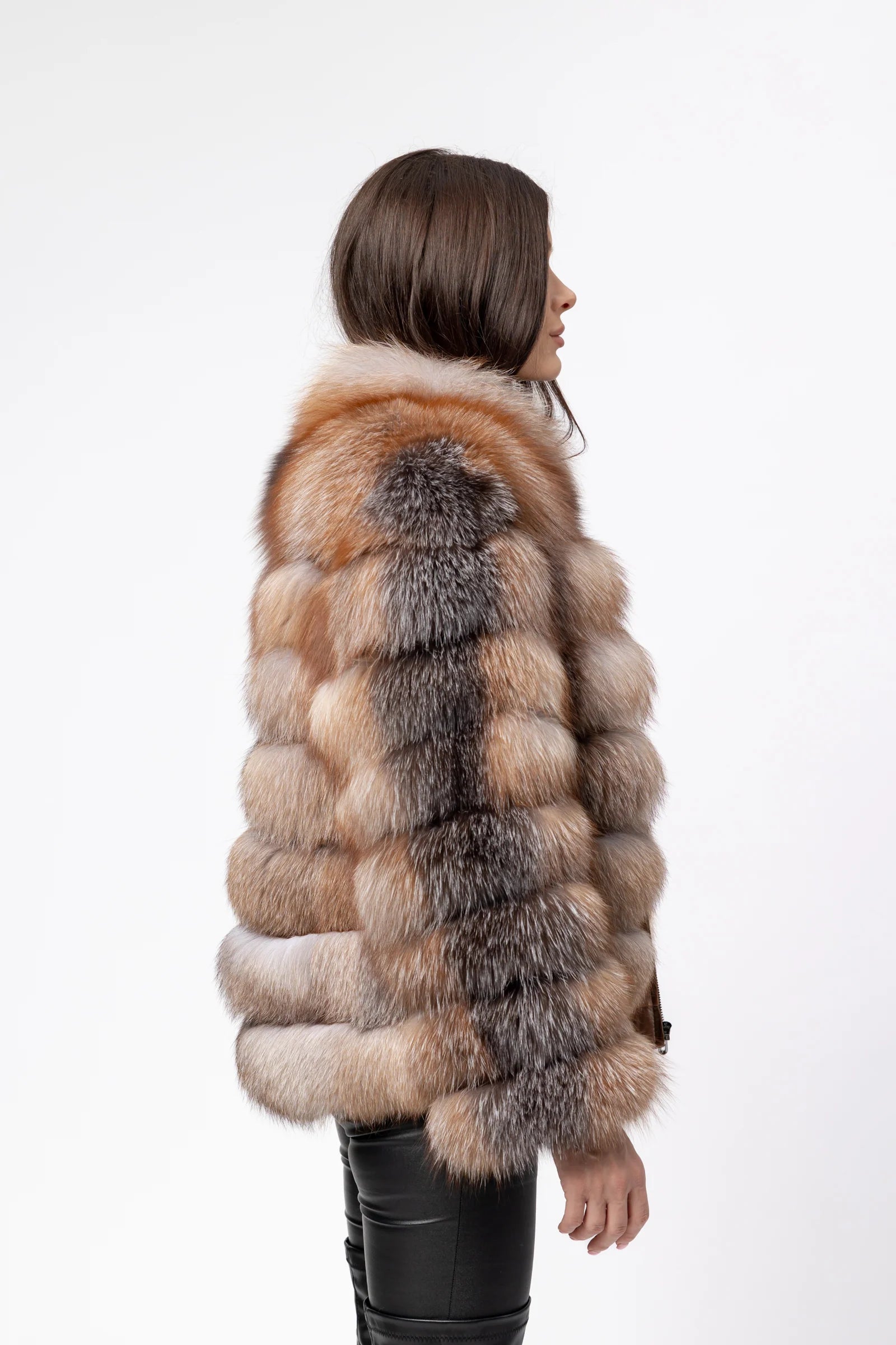 Haină din Blană Naturală de Vulpe, Guler Tunică, Transformabilă, Femei, Brown Frost 271