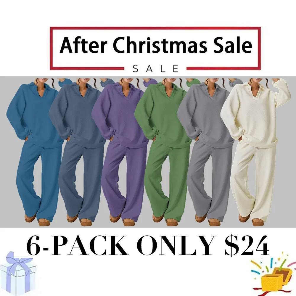 Women's loose-fitting V-neck textured pullover and drawstring waist pants set