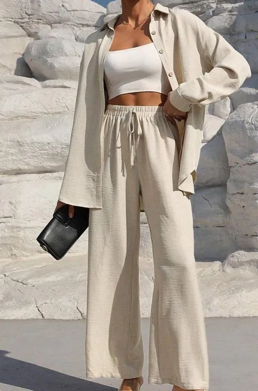Women's Solid Button Front Shirt & Tie Front Wide Leg Pants (Under $3 a set!)