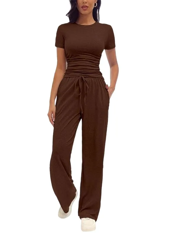 Women's Solid Round Neck Tee & Pants Loungewear