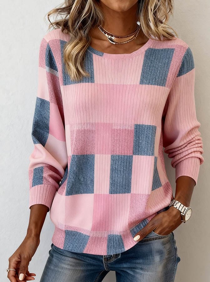 Women'S Casual Round Neck  Patchwork Pullover Sweatshirt