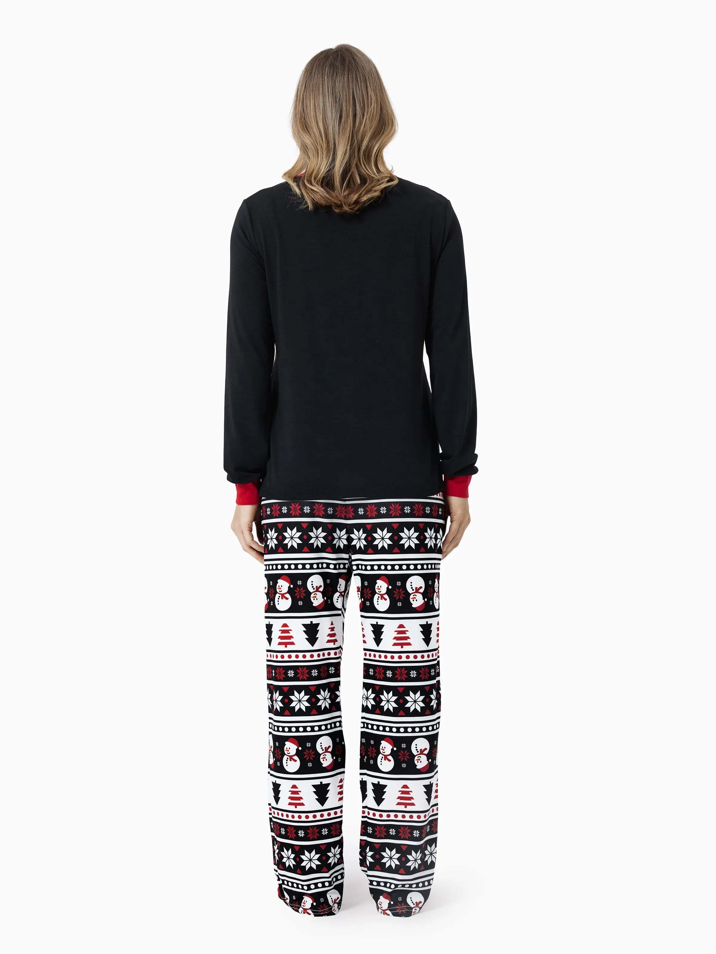 Christmas Matching Family Pajamas Set Snowman and Christmas Tree Print Black PJS with Christmas Socks Black