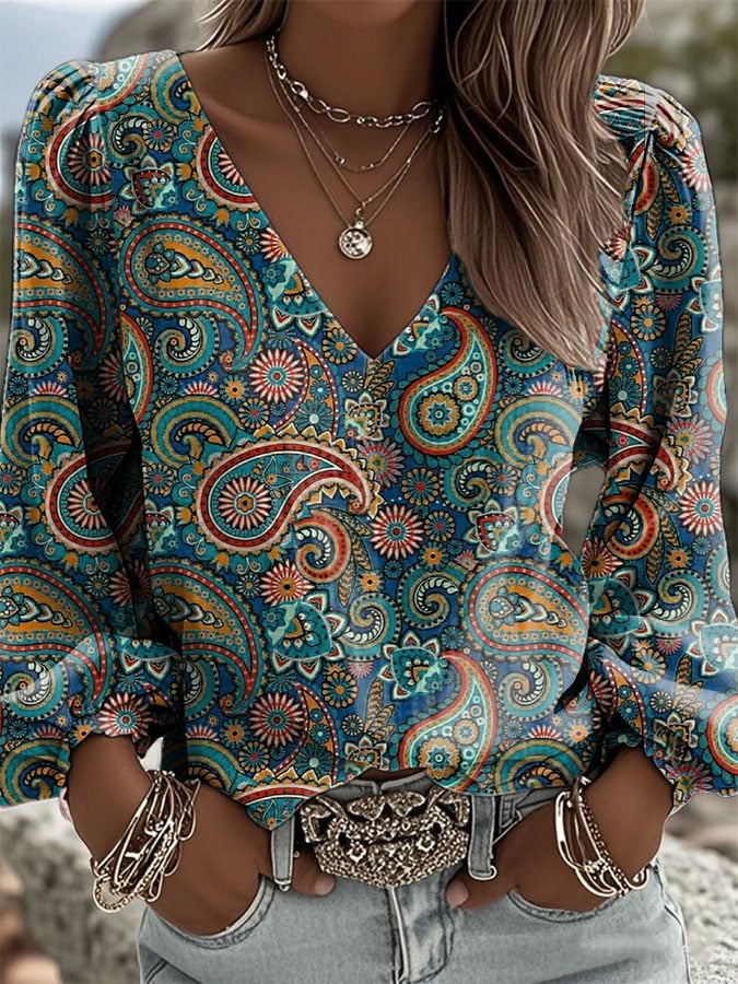 Women's Western Paisley Casual V-Neck Top