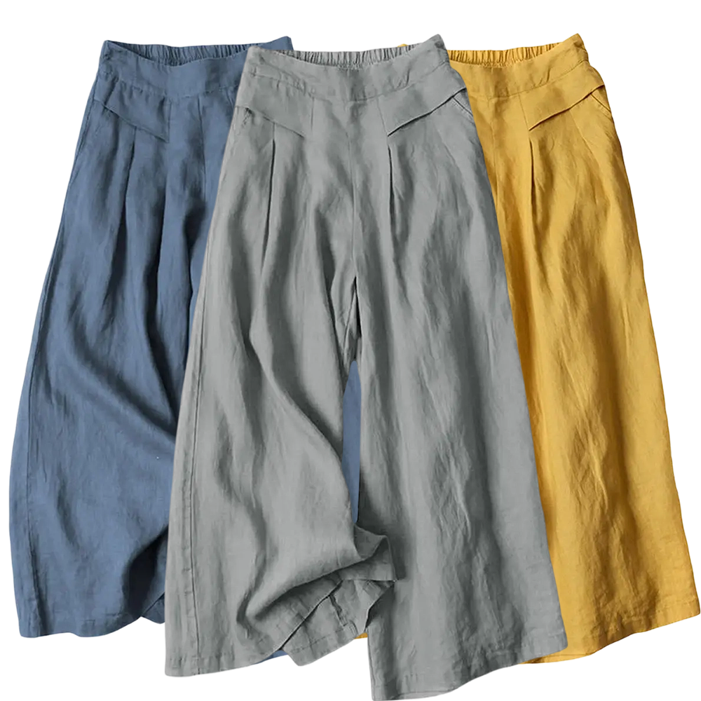 Women's Cotton Linen Culottes Pants Elastic Waist Wide Leg Palazzo Trousers Capri Pants with Pockets