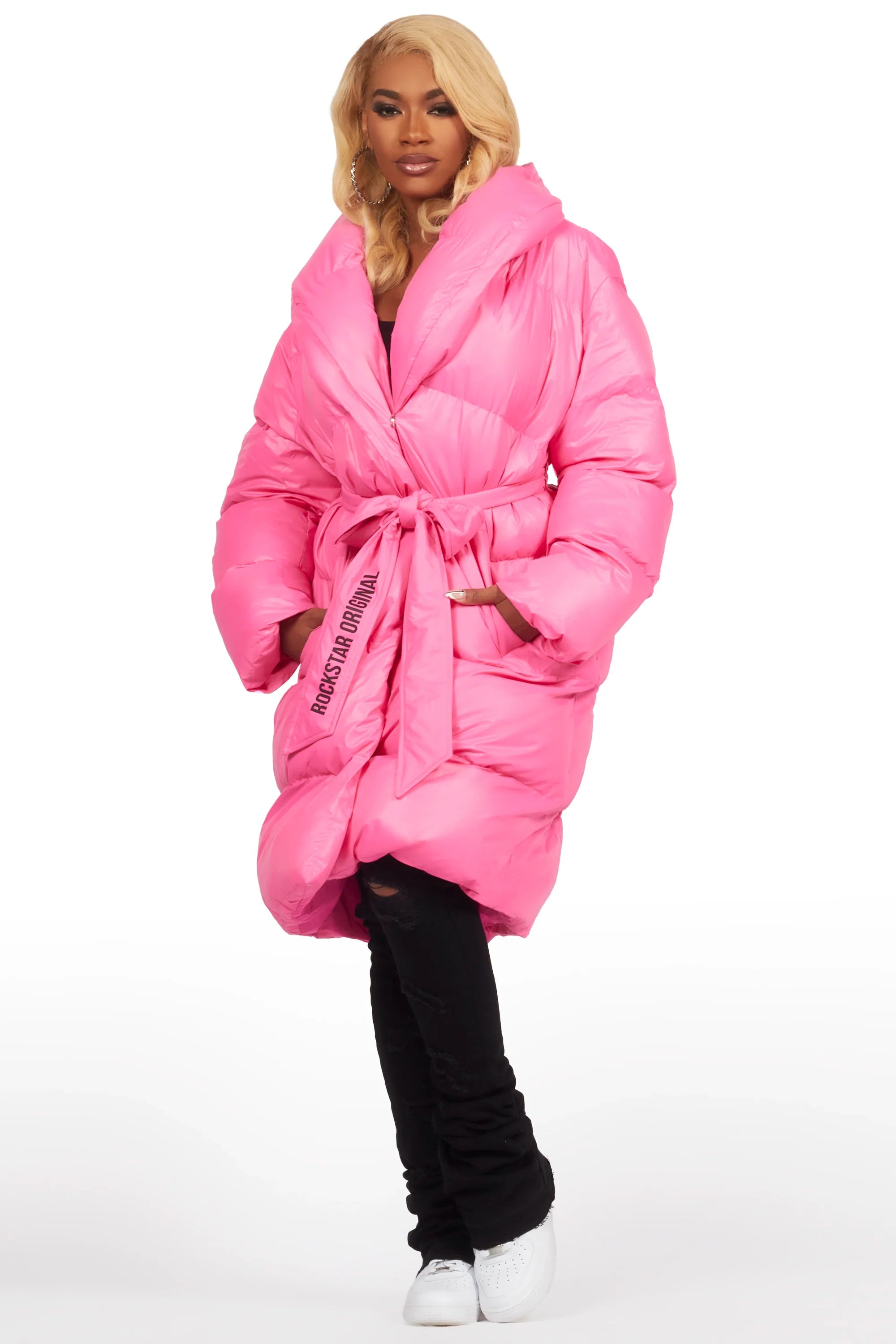 Sehrazat Hot Pink Long Wrap Puffer Jacket