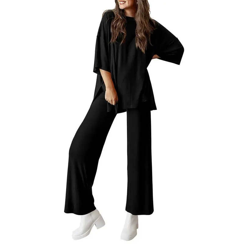 Women's 2-Piece Outfits Short Sleeve Pullover Tops Split Hem Wide Leg Pants Lounge Sets