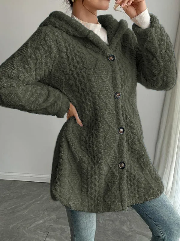 Women's Fall Winter Warm Fashion Jacquard Hooded Cardigan Long Sleeve Coat