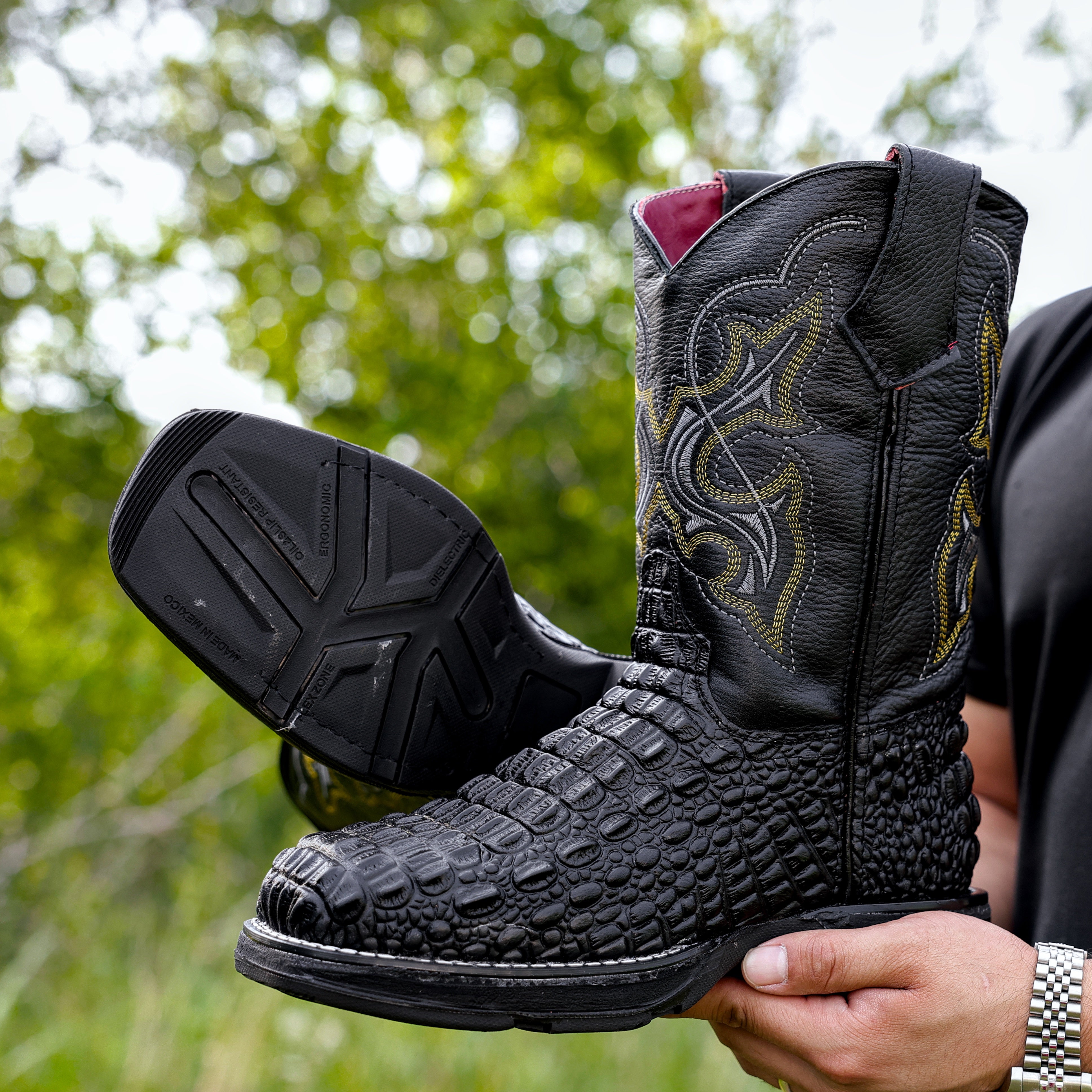 Black Caiman Hornback Leather Boots With 3D Lightweight BLACK EDITION Sole - Composite Toe