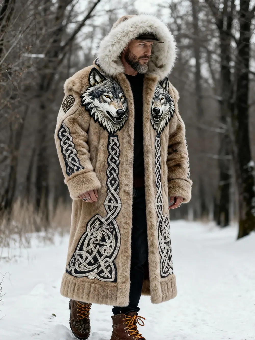 Men's Viking Wolf Fur Length Coat