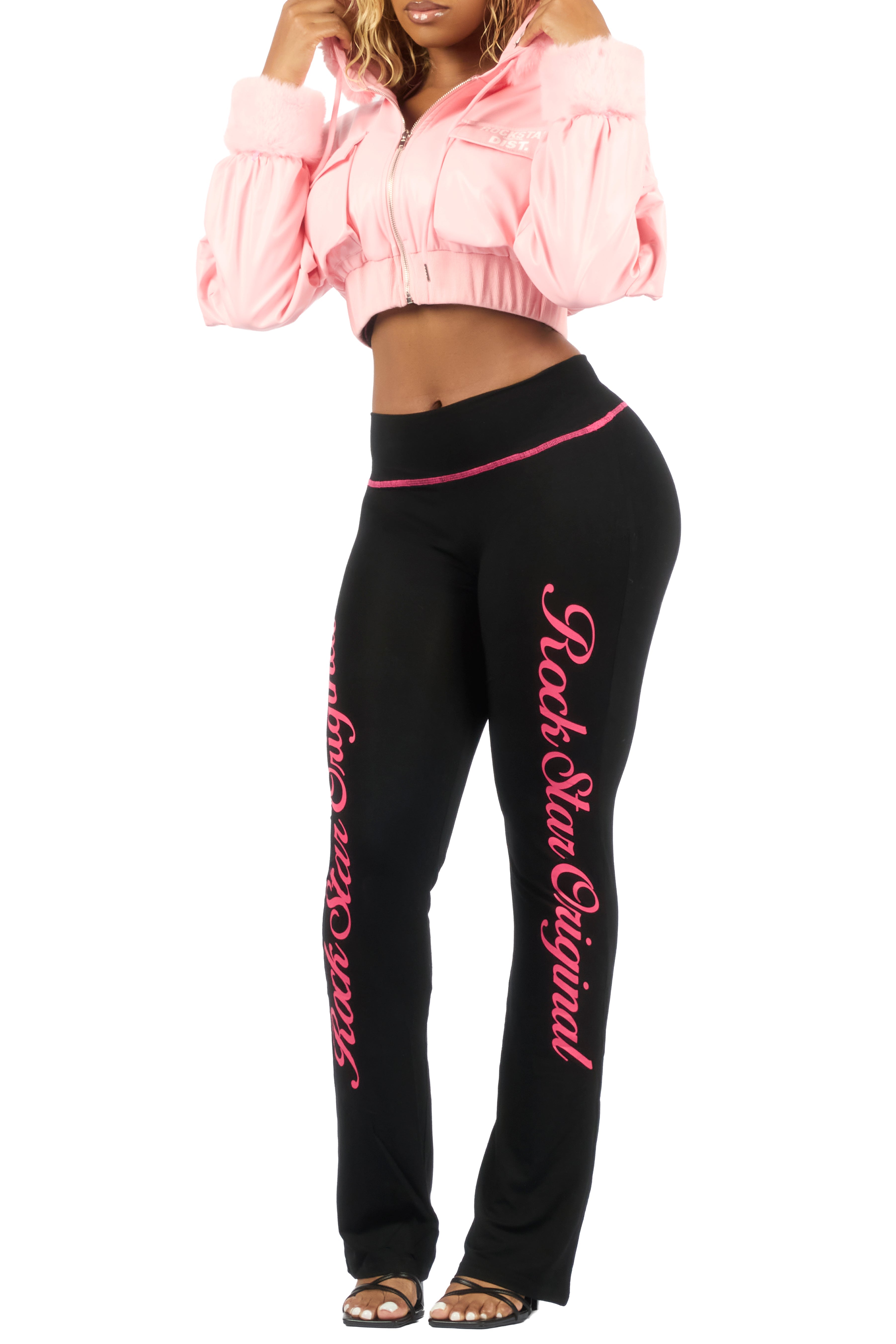 Amyia Pink PU Jacket With Fur Hood