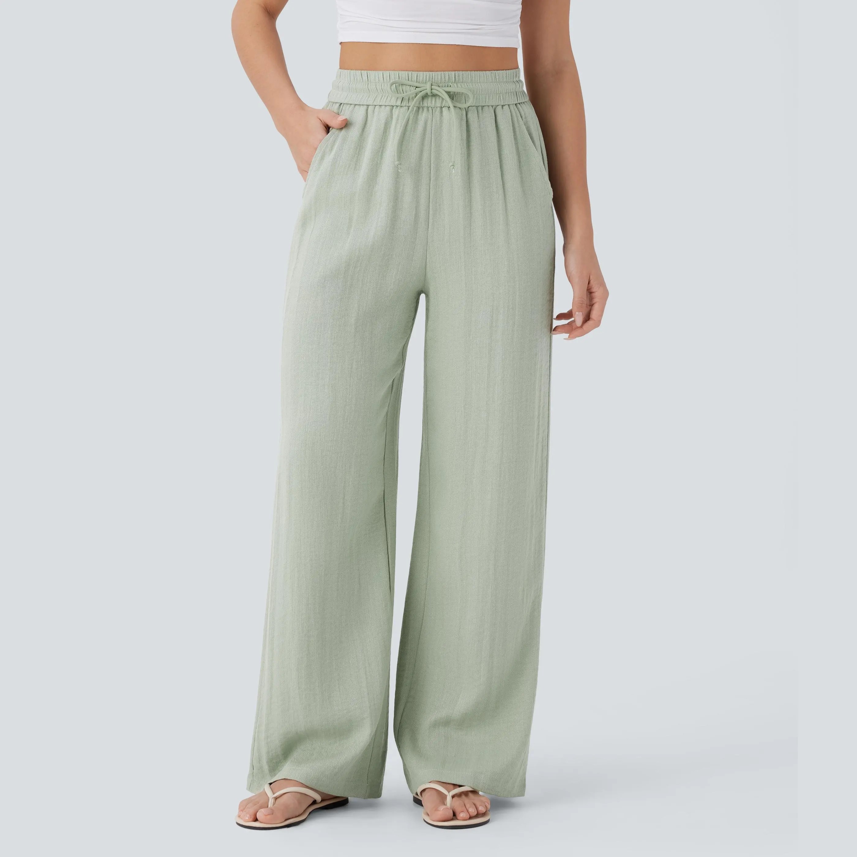 Women's High Waisted Wide Leg Pants – Linen-Feel Casual Drawstring with Pockets