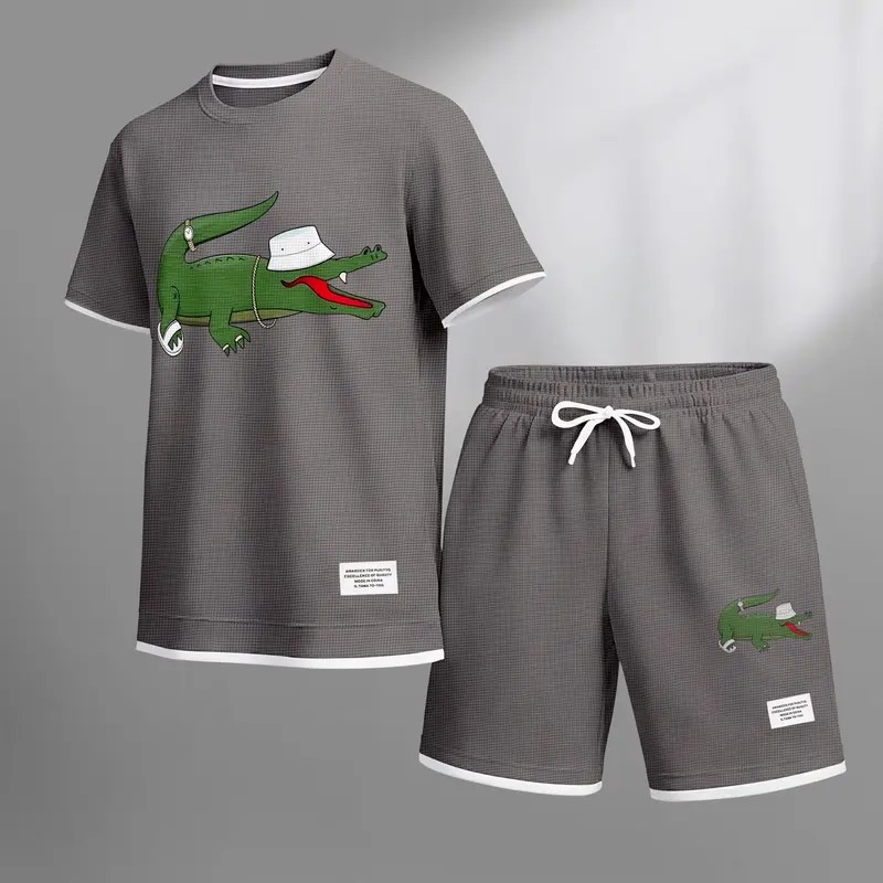 Men's Waffle Knit Two-Piece Set – Breathable Short Sleeve & Drawstring Shorts