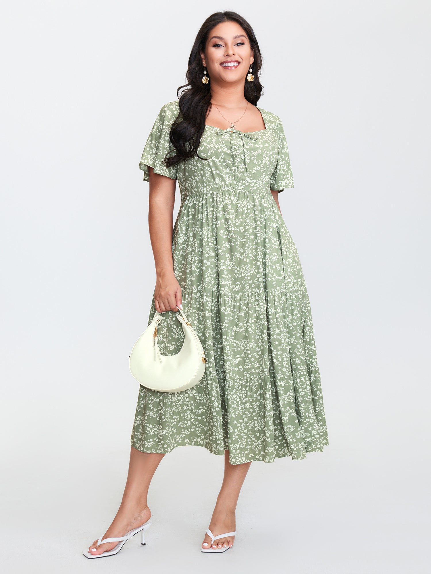 Ditsy Floral Sweetheart Drawstring Pocket Tiered Dress