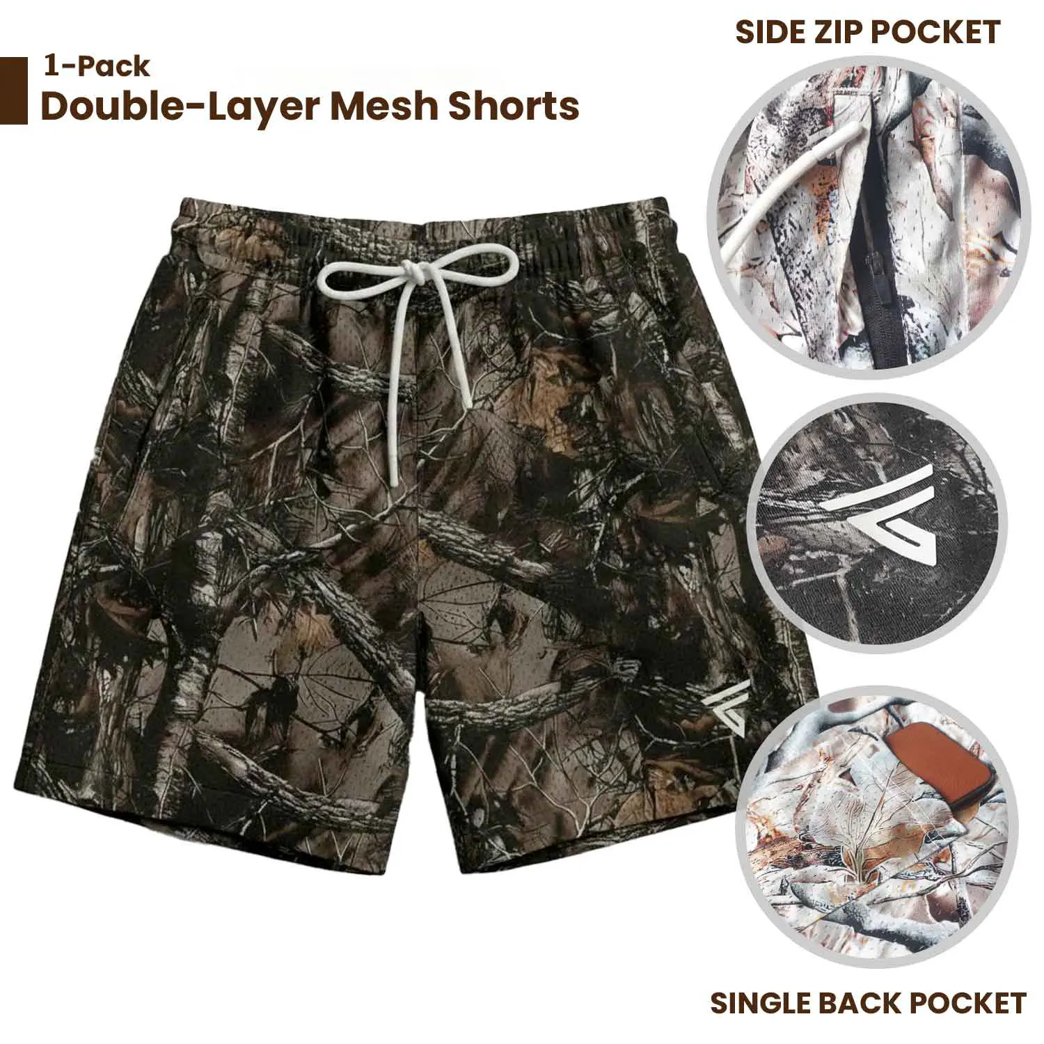 Pack 3 Men’s Hunting Camo Double-Layer Shorts – Breathable Gym/Running Shorts with Zip Side Pockets