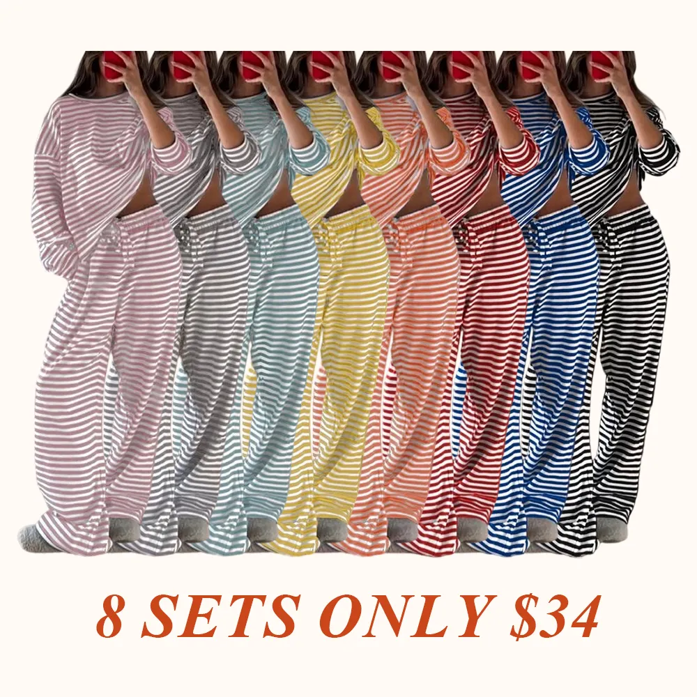 Women's Casual Striped Long Sleeve Top & Pants Set