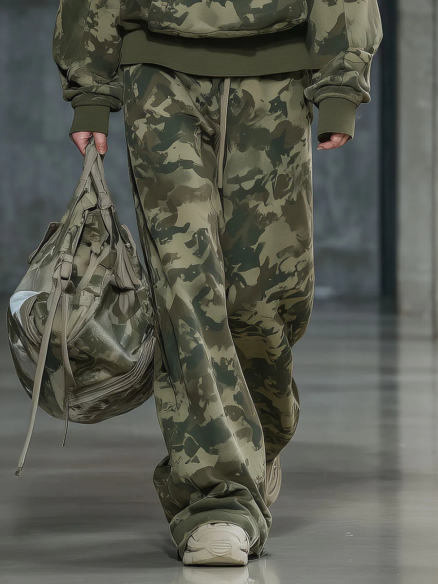 Casual And Fashionable Camouflage Print Faux Fur Collar Sweatshirt And Wide-leg Pants Suit