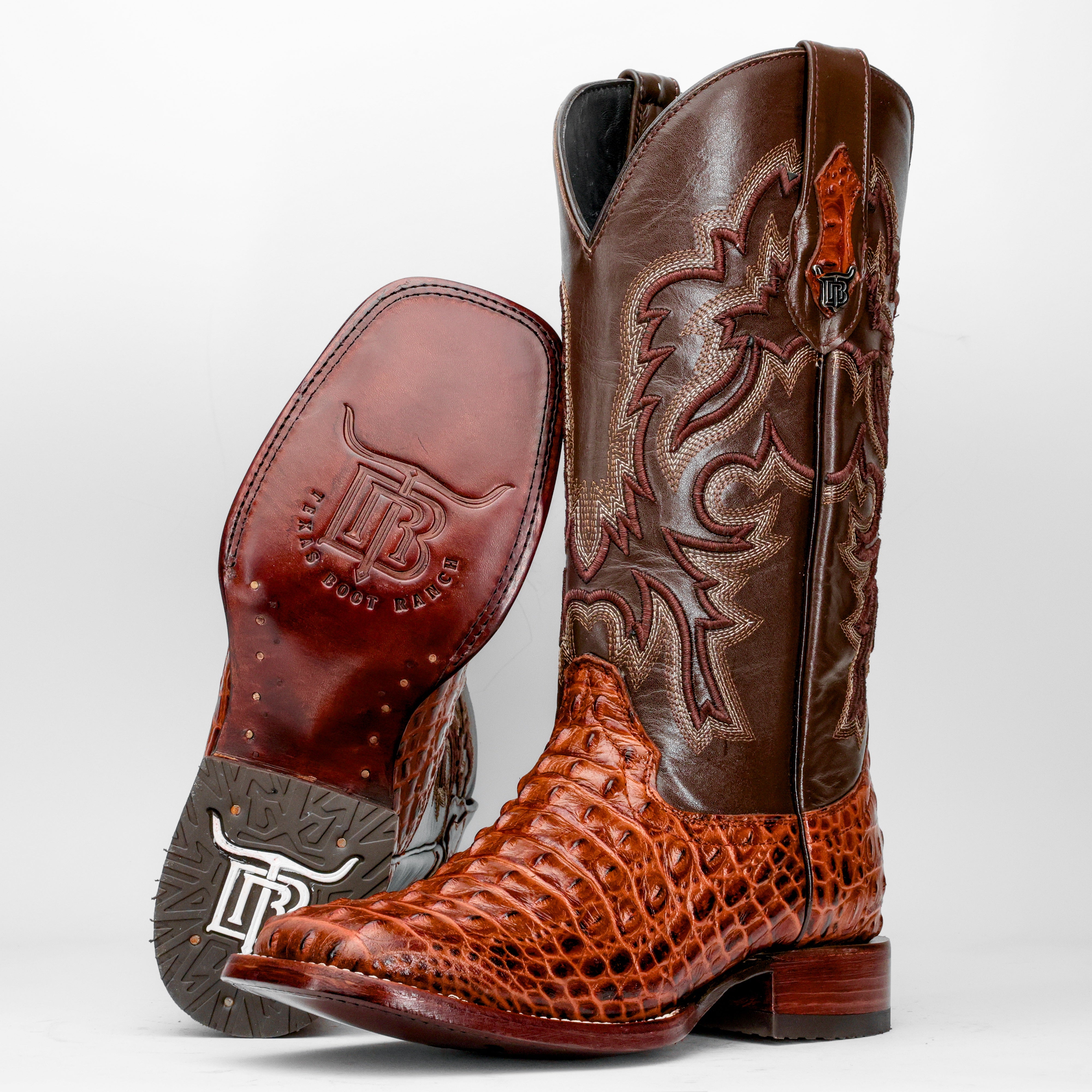 Cognac Caiman Hornback Leather Boots - Square Toe