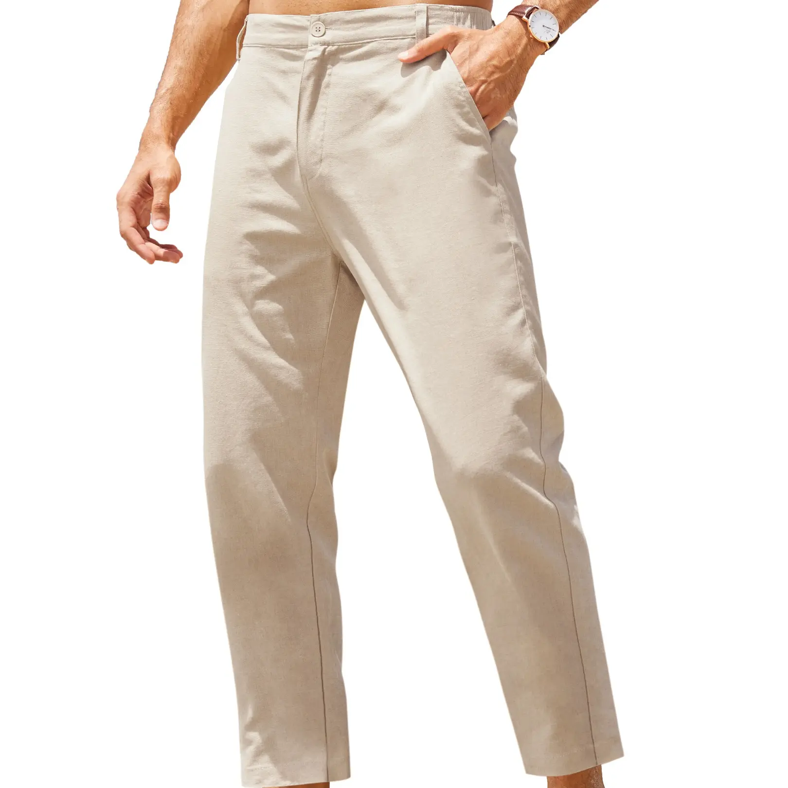 Men's Cotton Linen Pants Elastic Waist Lightweight Casual Pants
