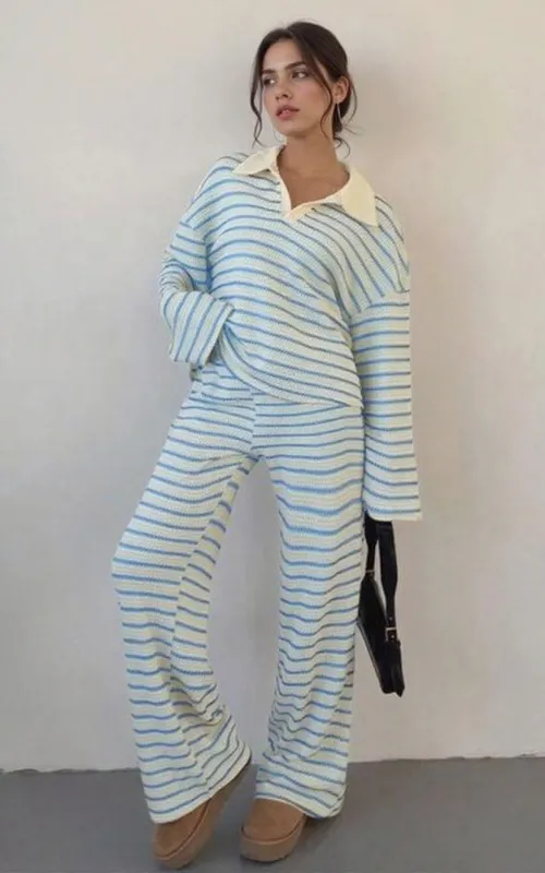 Women's casual color-block striped two-piece set