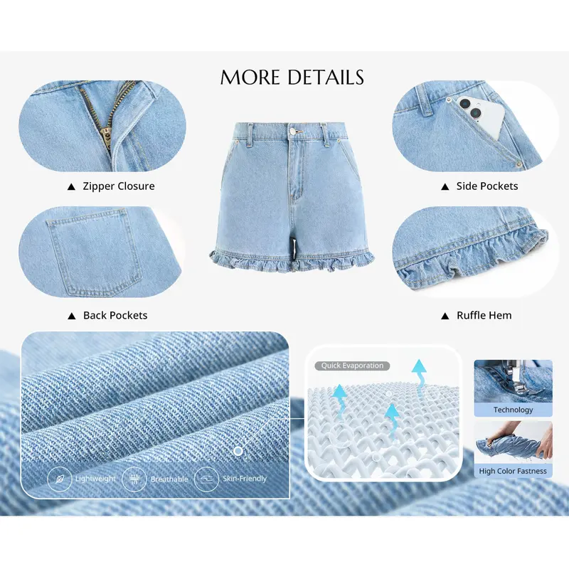Women's Summer Ruffled Denim Shorts — Cute High-Waisted, Pure Cotton Denim Shorts with Pockets