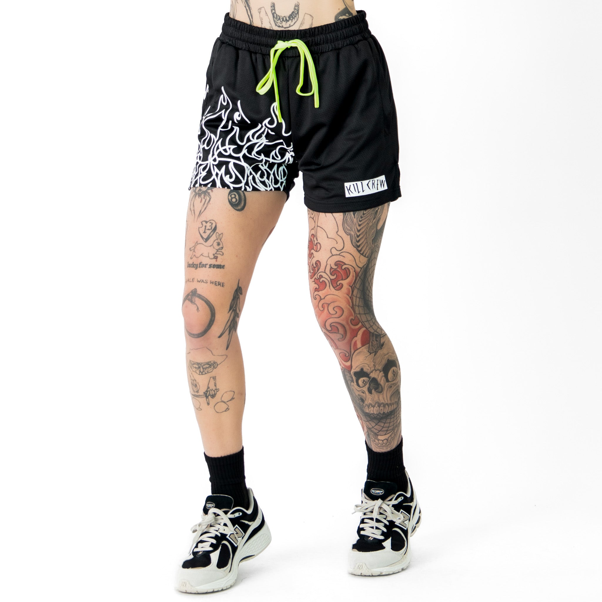 MUAY THAI FLAME SHORTS (MID THIGH CUT) - BLACK / WHITE