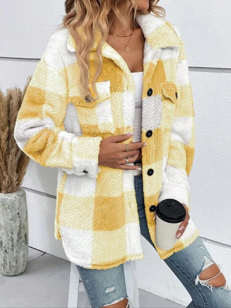 Women's Plaid Print Button Front Fuzzy Coat