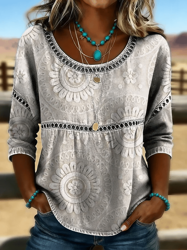 Women's Casual Western Floral Print Cotton Linen Hollow-Out Top