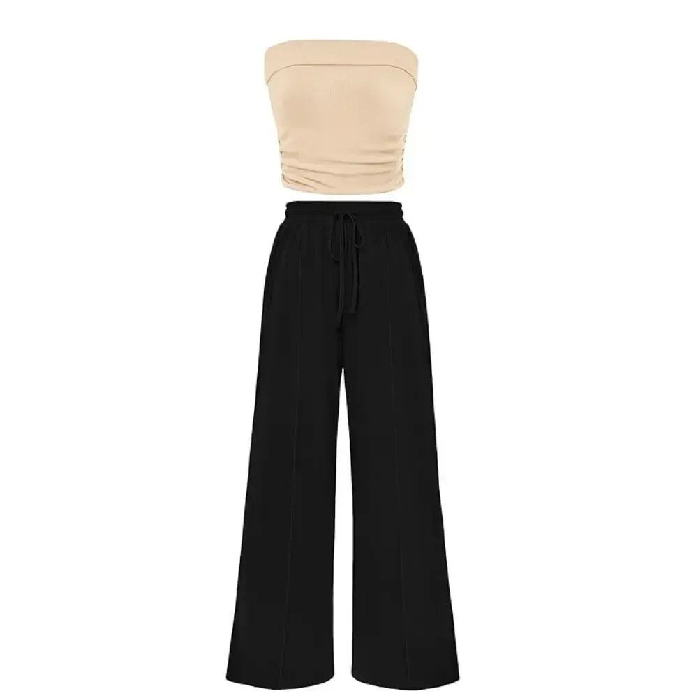 Womens Summer Outfits 2 Piece Sets Casual Ribbed Knit Crop Tube Top Wide Leg Pants