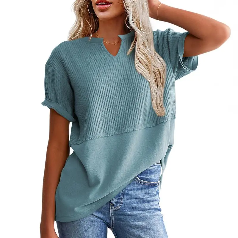 2026 Spring/Summer Cozy Oversized Waffle Knit V-Neck Top Women's Short Sleeve Pullover