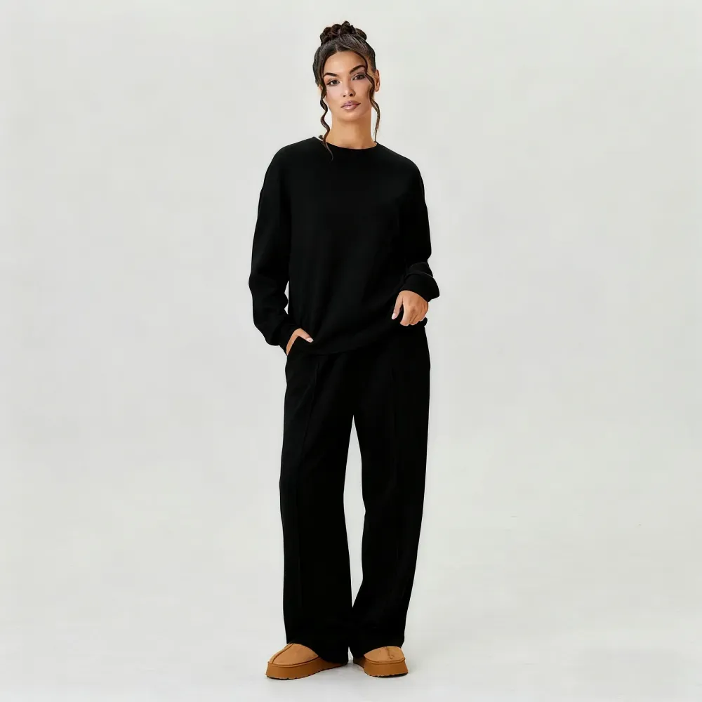 Women's Casual Solid Color Loose Long Sleeve Top & Exposed Stitches Trousers Co-ord