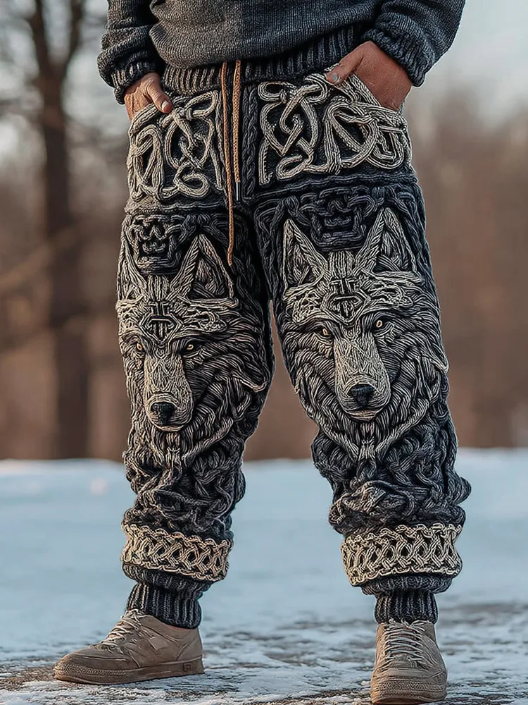 Men's Viking Wolf Celtic Knot Art Wide Leg Warm Knit Pants